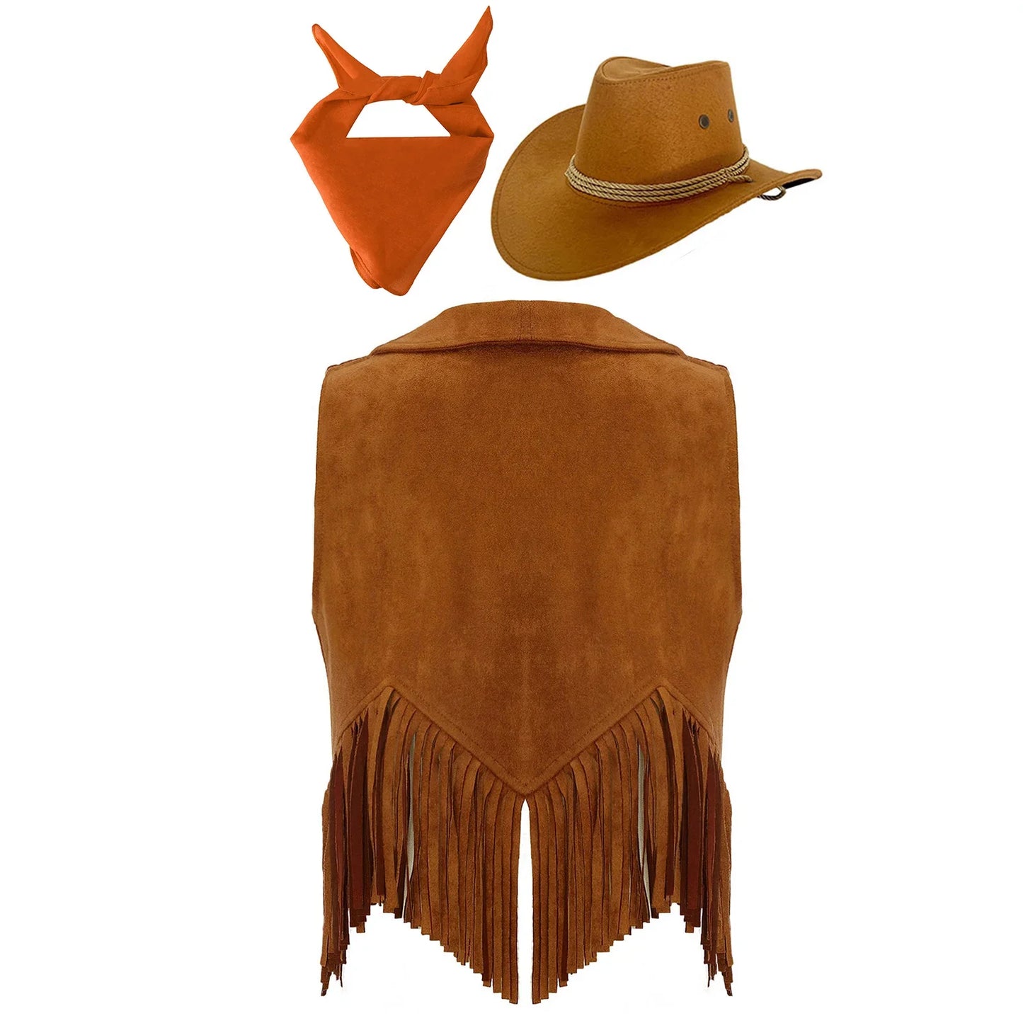 Costume de cosplay pour filles, cow-girl western, gilet en daim rétro à franges, ouvert sur le devant, avec bandana, foulard et chapeau pour Halloween et le carnaval
