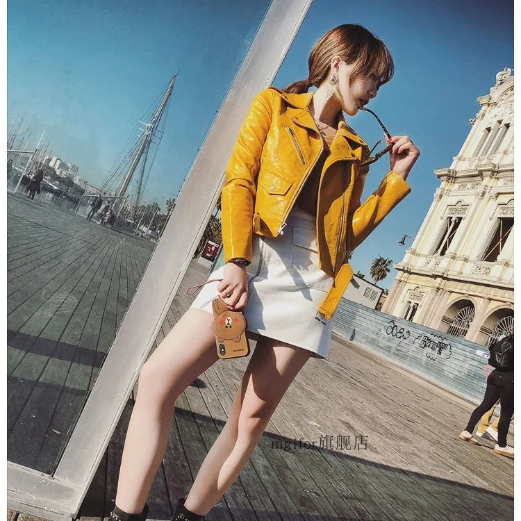 Spring Autumn Faux Leather Yellow Bomber Jacket Locomotive Belted PU Coat Zipper Cardigan Turn Down Collar Streetwear Crop Tops