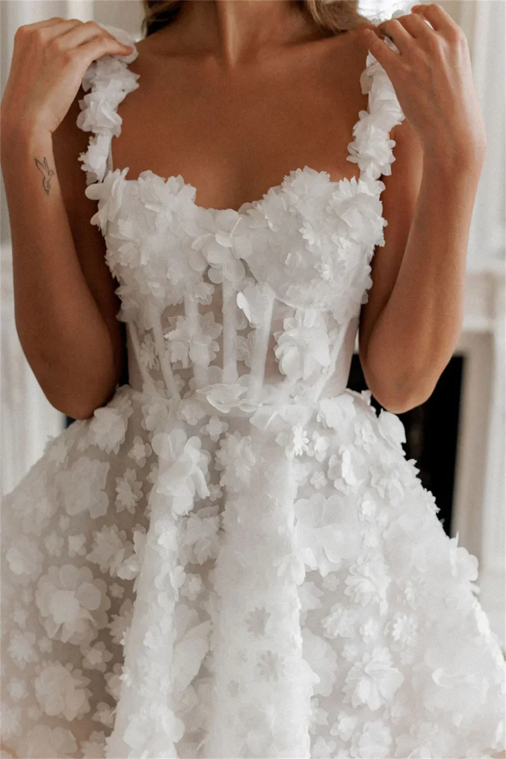 Amanda Custom White Short Evening Dress, Floral Lace, Embroidered, Lace-Up, Spaghetti Straps, Party Wear