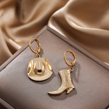 Punk Cool Western Cowboy Hat Boot Earring Unisex Asymmetric Charms Gold Plated Hoop Earrings for Cowgirl Gift Rock Jewelry