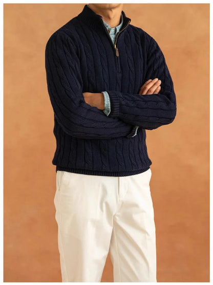 Men's Luxury Leisure Knit Mock Turtleneck Zipper Pullover Sweater Streetwear Retro Solid Long Sleeve Popular Jacquarded Knitwear