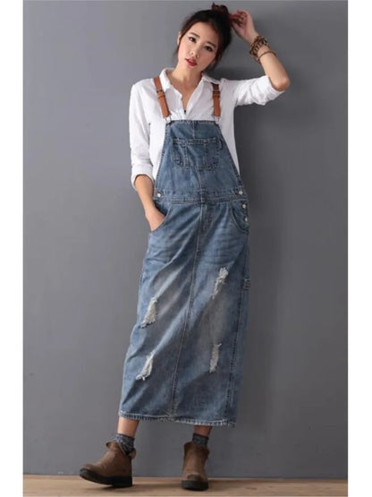 Robe longue en jean décontractée pour femmes, robe en jean délavé avec trous, robe en jean déchiré vintage à bretelles pour femmes