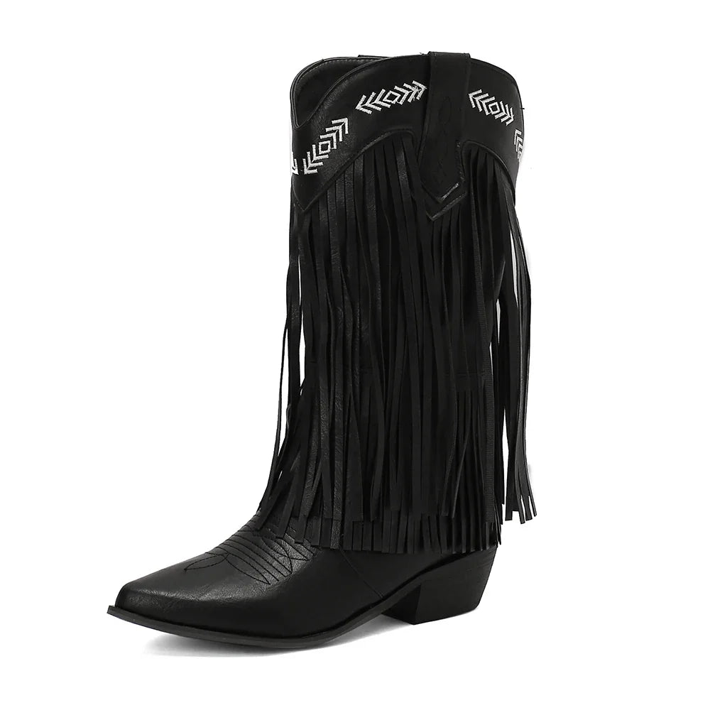 Bottes de cowboy pour femmes, brodées, à glands, talons épais, bout pointu, roses, de style western, bottes compensées sans lacets pour femme