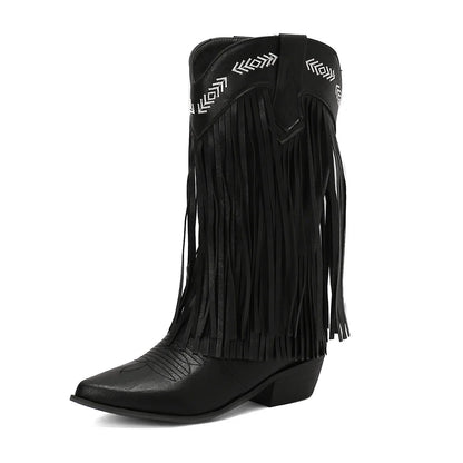 Bottes de cowboy pour femmes, brodées, à glands, talons épais, bout pointu, roses, de style western, bottes compensées sans lacets pour femme