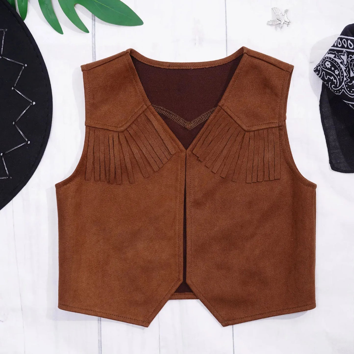 Wild West Cowboy and Cowgirl Costume, Halloween Outfit, Fringe Sleeveless Vest with Bandana and Hat