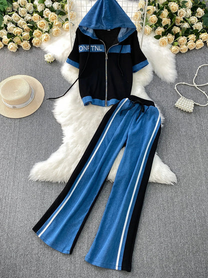 Cowboy patchwork hooded jacket fashionable sports suit women's summer 2025 new two-piece set popular age reducing pants