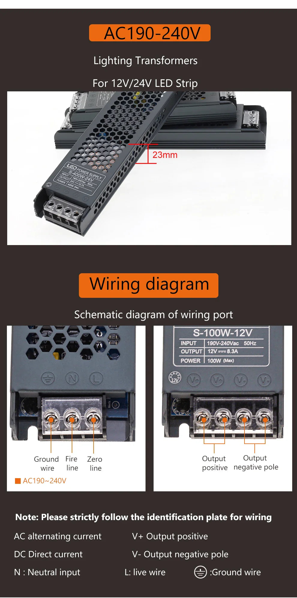 Transformateur d'éclairage LED, pilote 12V/24V, Source d'alimentation silencieuse 60W 100W 200W 300W 400W 190-240V, adaptateur convertisseur de bande LED