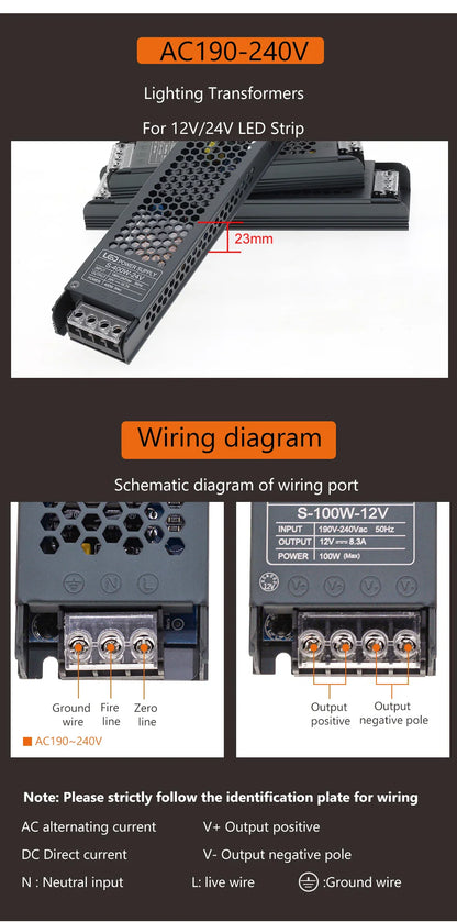 Transformateur d'éclairage LED, pilote 12V/24V, Source d'alimentation silencieuse 60W 100W 200W 300W 400W 190-240V, adaptateur convertisseur de bande LED