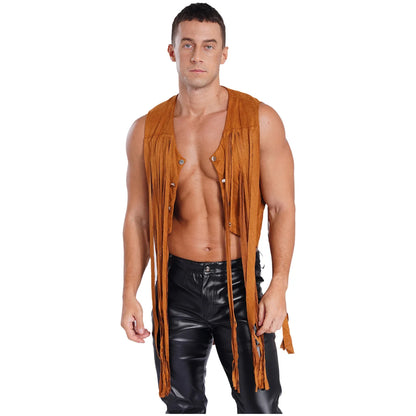 Gilet de costume de cosplay cow-boy occidental pour hommes, gilet hippie disco années 60, en faux daim, avec pompons, cardigan pour fête costumée d'Halloween ou de carnaval