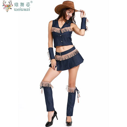 Carnaval Halloween Femme Sexy Costume de Cowgirl de l'Ouest Pionnière de la Prairie à Franges Tenue de Club Jeu de Rôle Cosplay Fête Déguisement