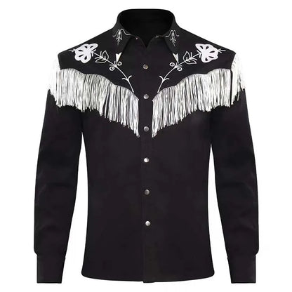 Costume de cowboy pour homme avec écharpe, chemise noire à franges à manches longues, pantalon et chapeau, idéal pour Halloween ou cosplay adulte