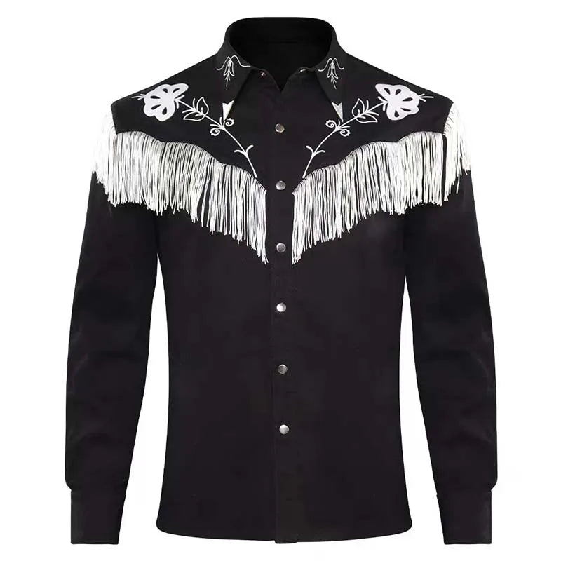 Costume de cowboy pour homme avec bandana, chemise à franges noires à manches longues, pantalon et chapeau, idéal pour Halloween ou cosplay adulte.