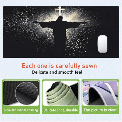 Jesus & Cross Mouse Pad Large Desk Accessories Desk Pad Rubber Base with Stitched Edge Mousepad Non-Slip Mousepad for Office