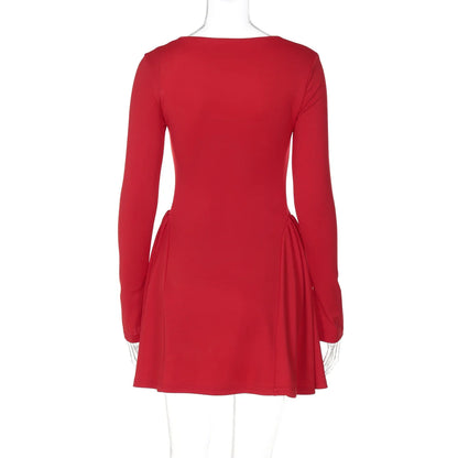 Dulzura Slit Long Flare Sleeves Patchwork A-Line Mini Dress Solid Elegant Sexy Party Prom Wedding Guest Dress Autumn