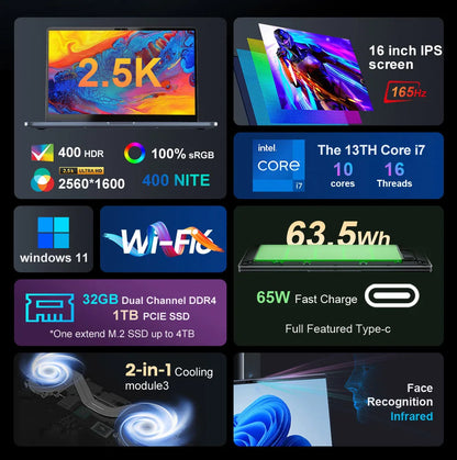 Ninkear N16 Pro Laptop, 16'' 2560*1600 IPS Screen 165Hz Refresh Rate, Intel Core i7-13620H 10 Cores Max 4.9GHz, 32GB RAM 1TB SSD