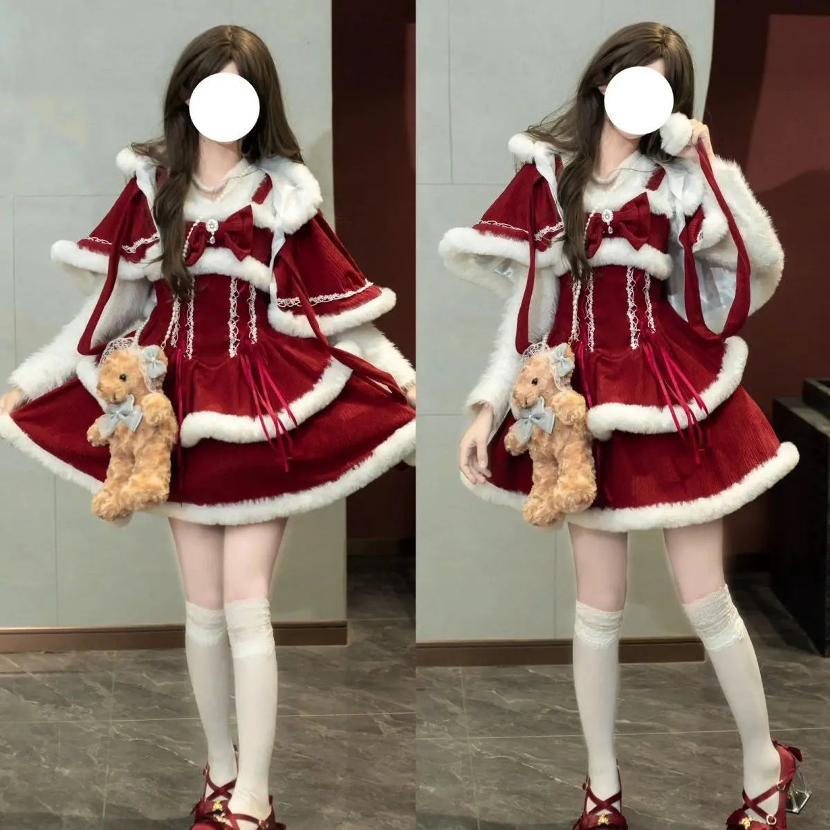 NONSAR-Ensembles de robes Lolita Kawaii japonaises pour femmes, châle à capuche, nœud, mini robe à bretelles, style coréen, doux, rouge, Noël, nouvel an imbibé