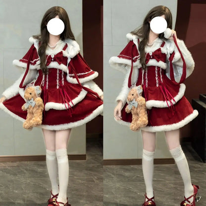 NONSAR-Ensembles de robes Lolita Kawaii japonaises pour femmes, châle à capuche, nœud, mini robe à bretelles, style coréen, doux, rouge, Noël, nouvel an imbibé