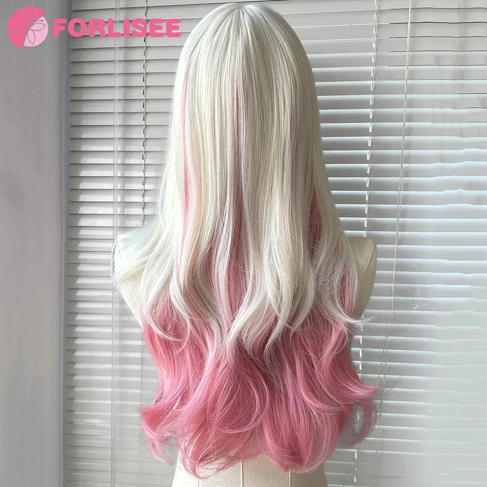 Pink Blonde Highlights Long Wavy Wig Synthetic Colorful Lolita Cosplay Hair Wigs with Bangs for Women Heat Resistant Daily Use