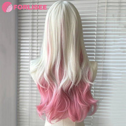 Pink Blonde Highlights Long Wavy Wig Synthetic Colorful Lolita Cosplay Hair Wigs with Bangs for Women Heat Resistant Daily Use