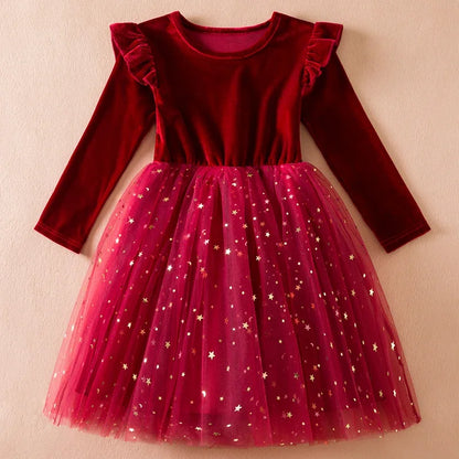 Green Christmas Dress for Kids Girls Autumn Long Sleeves Princess Dresses Children Winter Birthday Party New Year Costume 3-8Yrs