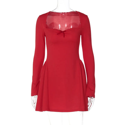 Dulzura Slit Long Flare Sleeves Patchwork A-Line Mini Dress Solid Elegant Sexy Party Prom Wedding Guest Dress Autumn