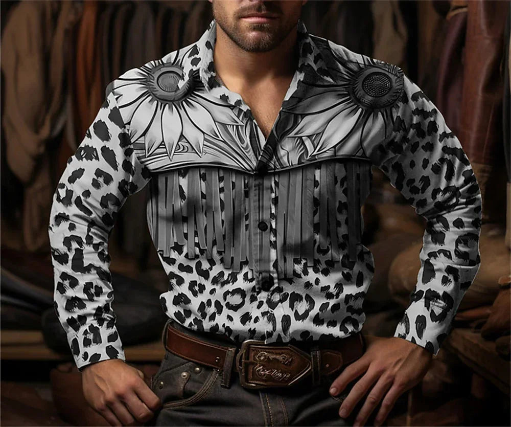 Western Cowboy Flower Printed Long Sleeve Shirt for Spring and Summer Comfortable Soft Fabric Party Men's Collar Shirt
