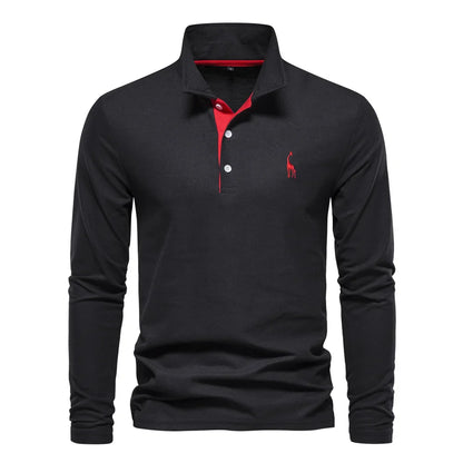AIOPESON 2023 New Men's Deer Embroidery Polo Shirts Solid Color Long Sleeve Social Business Male