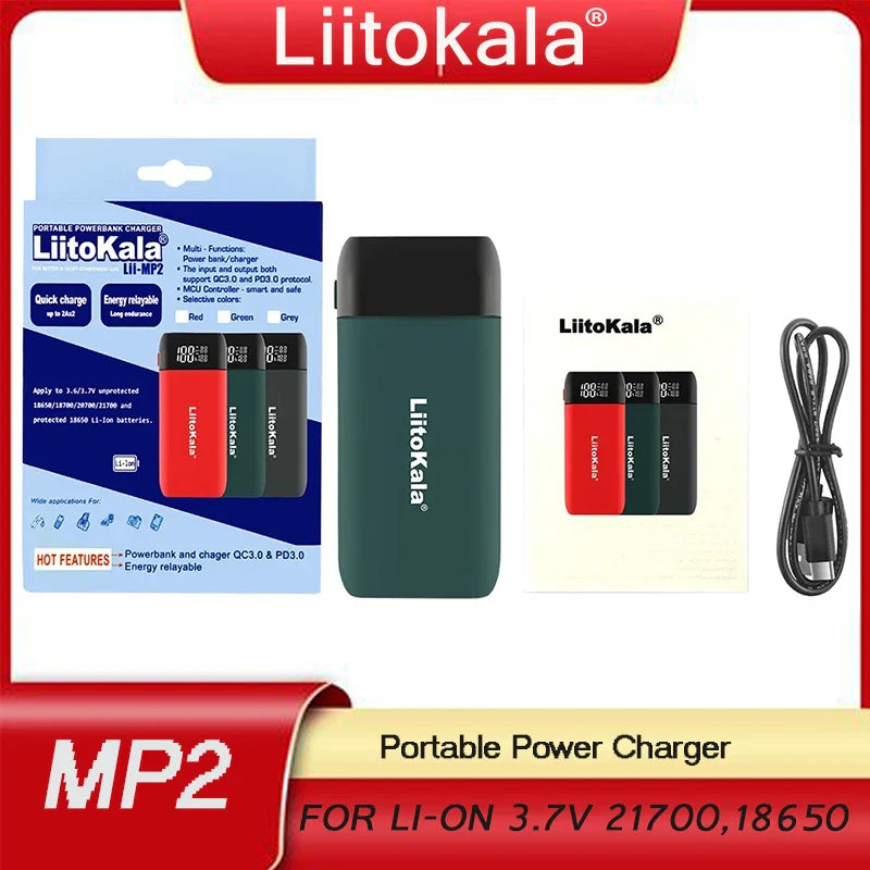 LiitoKala Lii-MP2 Portable Power Battery Charger LCD USB Type-C Input for 18700 20700 21700 18650 Batteries