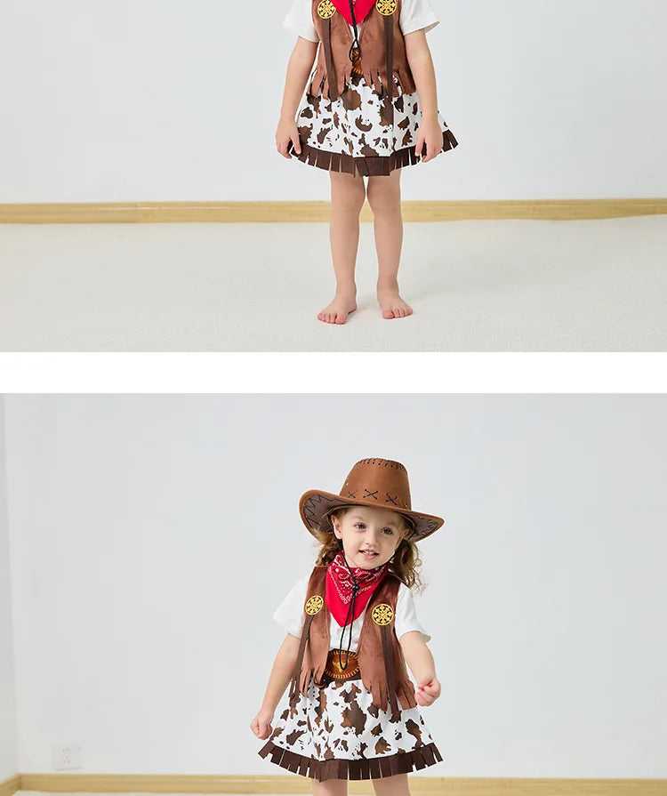 Robe de Cowgirl pour enfants, ensemble complet, Costume de Cowboy occidental, ensemble de 4 pièces, tenue de jeu de noël, vêtements d'halloween pour enfants