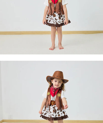 Robe de Cowgirl pour enfants, ensemble complet, Costume de Cowboy occidental, ensemble de 4 pièces, tenue de jeu de noël, vêtements d'halloween pour enfants