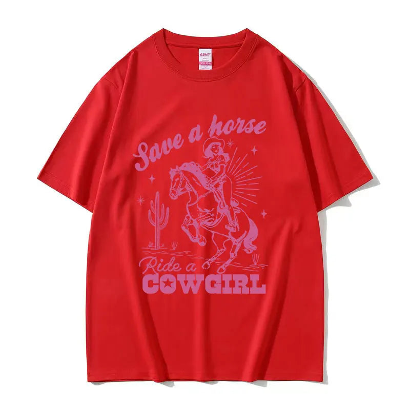 T-shirt décontracté unisexe en coton imprimé "Save A Horse Ride A Cowgirl", style rétro esthétique, Streetwear mode