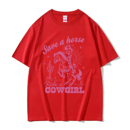 T-shirt décontracté unisexe en coton imprimé "Save A Horse Ride A Cowgirl", style rétro esthétique, Streetwear mode