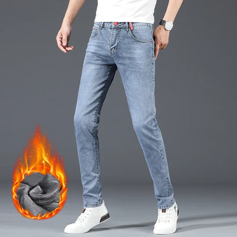 Jean skinny homme polaire hiver chaud uni coréen tendance slim pantalon denim homme épaissi extensible coupe crayon vêtements homme