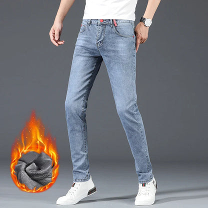 Jean skinny homme polaire hiver chaud uni coréen tendance slim pantalon denim homme épaissi extensible coupe crayon vêtements homme