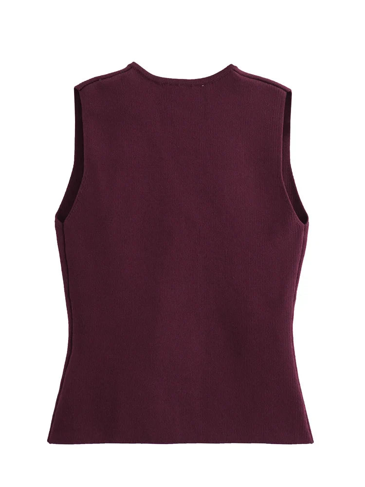 Zevity New Women Fashion V Neck Sleeveless Golden Buttons Knitted Vest Sweater Female Chic Solid Color Slim Cardigan Tops LS6273
