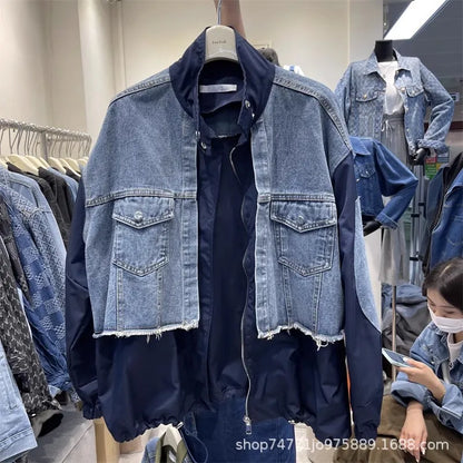 Women Patchwork Denim Bomber Jacket Spring Autumn Fake Two Piece Loose Drawstring Waist Patchwork Jean Coat Cowboy Cardigan Tops