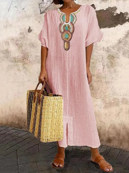 Embroidered Fashion O-Neck Short Sleeve Women Dresses Summer New Casual Unique Slit Dress Elegant Female Vacation Dress Robe