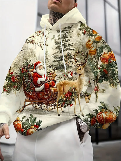 Sweat à capuche surdimensionné pour homme avec imprimé 3D Père Noël et rennes pour fêtes de fin d'année, événements hivernaux, vêtements pour homme, streetwear