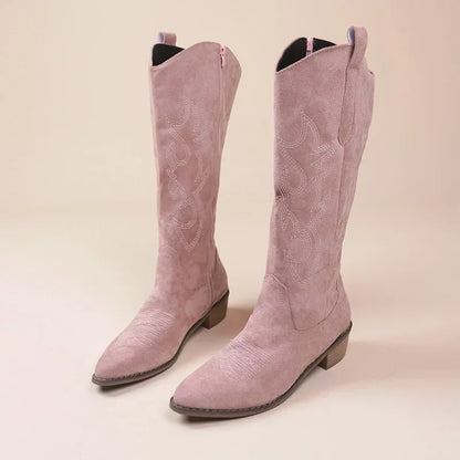 Bottes de cowboy Western brodées pour femmes, bottes hautes à talons épais et bouts pointus, en cuir PU souple, longues, pour l'automne.