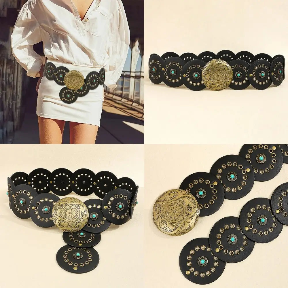 Exaggerated Wide Boho Disc Belt Rivet Turquoise Carved Buckle Waist Belt Adjustable Alloy Western Leather Waistband Cowgirl