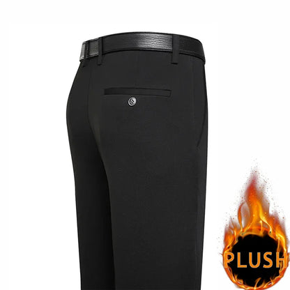 2024 Autumn Winter Men's Thick Warm Fleece Pants Plush Smart Casual Suit Pants Loose Straight Navy Blue Black Pants Trousers