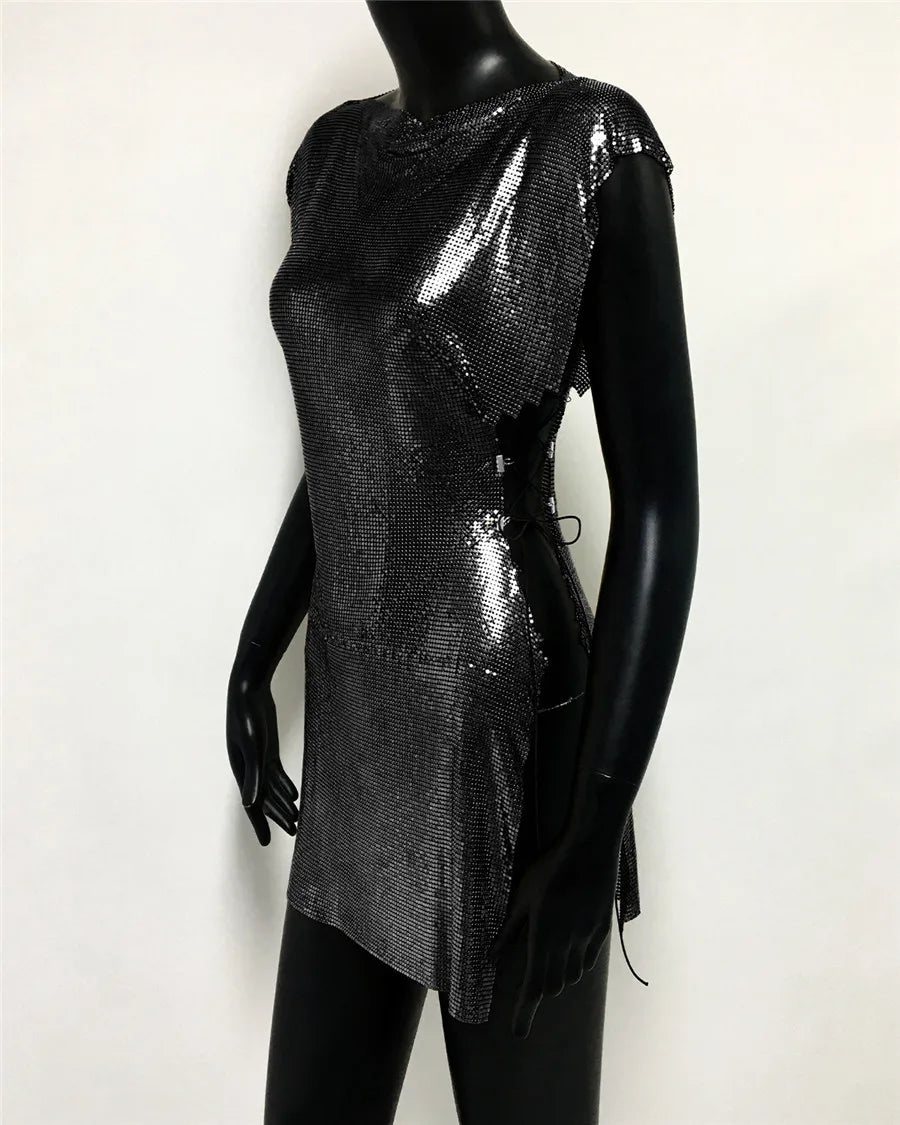 Glitter Metal Sequins Mini Dress Women Sexy Round Neck Sleeveless Side Split Bandage Dress Rave Festival Nightclub Evening Dress
