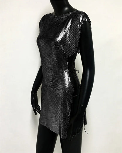 Glitter Metal Sequins Mini Dress Women Sexy Round Neck Sleeveless Side Split Bandage Dress Rave Festival Nightclub Evening Dress