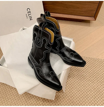 Ods Cowboy Western Boots For Women Real Leather Embroidered Pointed Toe Mid-calf Western Boot Retro Fashion Casual High Quality