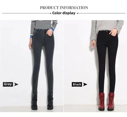 WinterFleece-Lined Thickened High-Waisted Jeans Women's Korean Style Black Slimming Trousers Student Elastic Long Pants