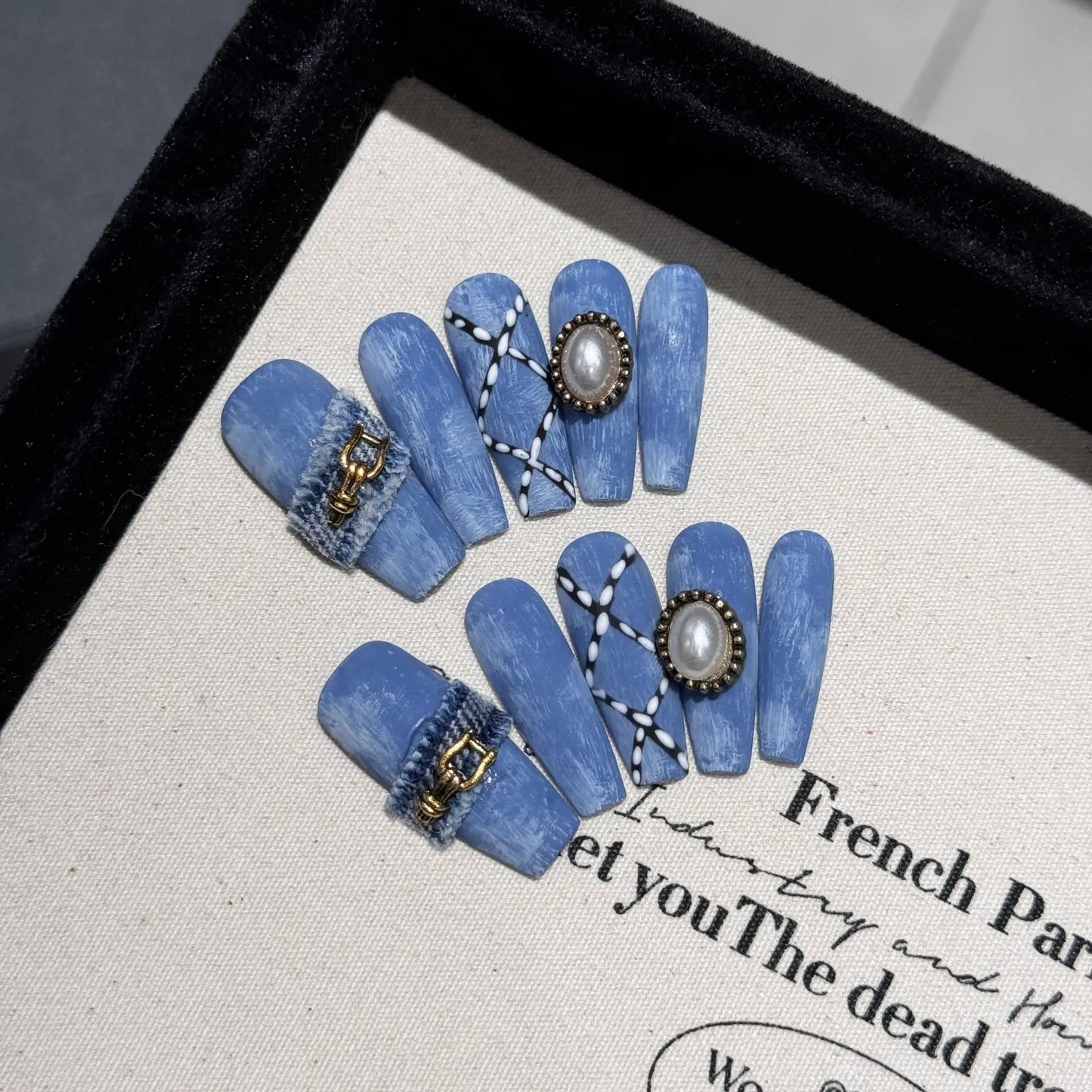 10 faux ongles bleus faits main de style cowboy, ongles adhésifs à presser, couverture complète, Uñas Накладные Ногти