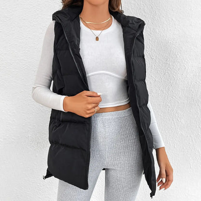 Cross-border Foreign Trade Europe and the United States Solid Color Cotton Jacket Hooded Long Zipper Cotton Vest Coat Female
