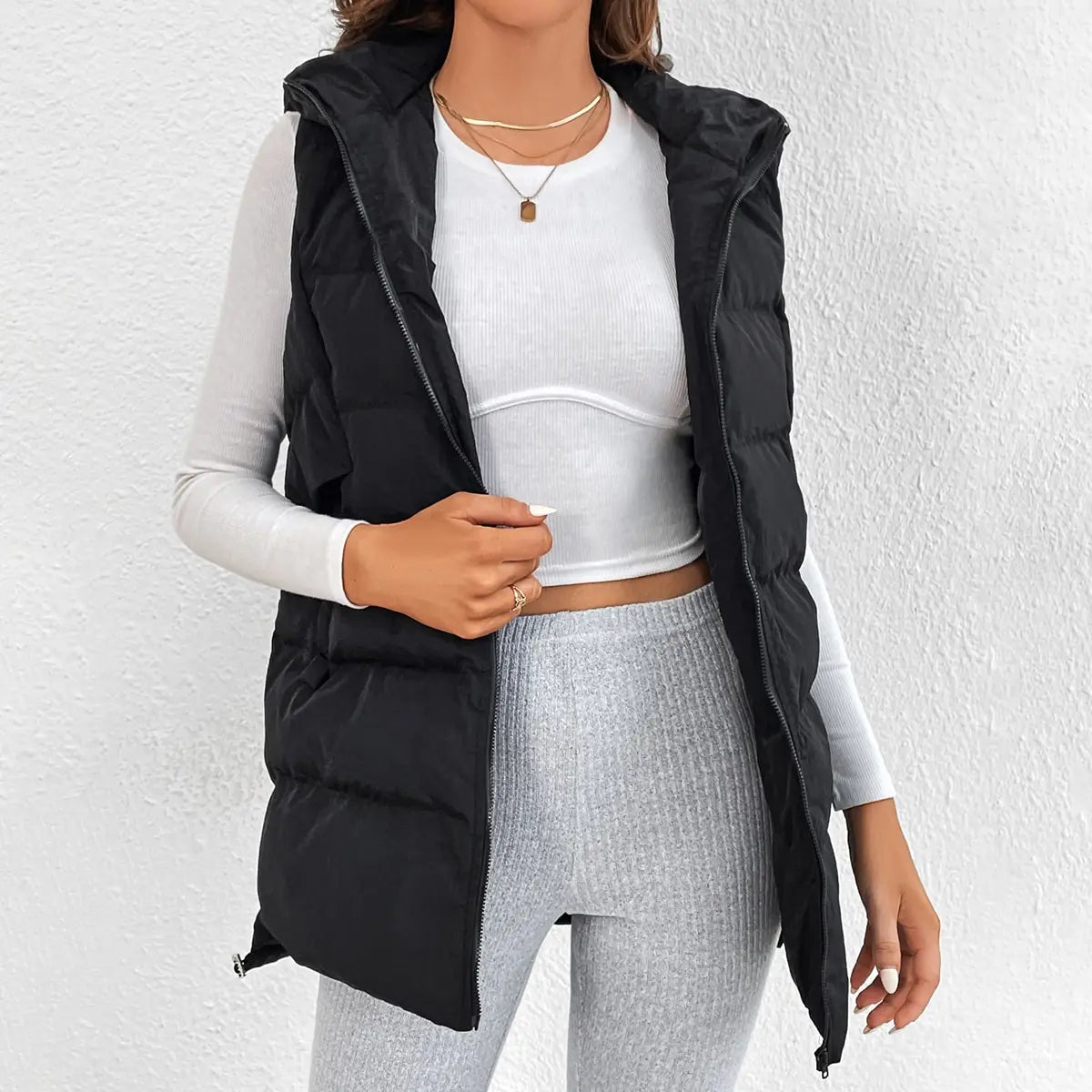 Cross-border Foreign Trade Europe and the United States Solid Color Cotton Jacket Hooded Long Zipper Cotton Vest Coat Female