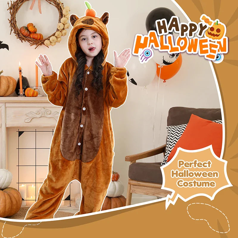 MICHLEY – Combinaison à capuche en flanelle motif Capybara pour enfant, pyjama, grenouillère, déguisement pour Halloween, pour garçon et fille