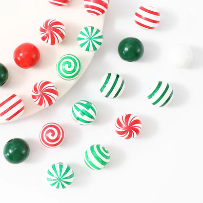 iYOE 20pcs 16mm Candy Pattern Red Green Stripes Solid Colored Spacer Wooden Beads for Jewelry Making Christmas Necklace Bracelet